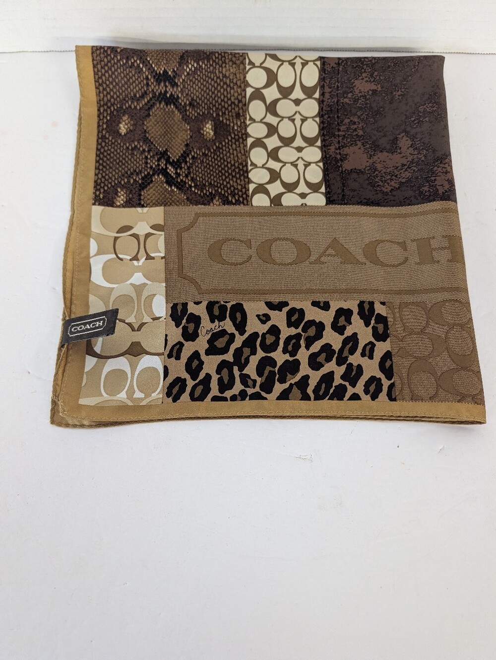 COACH Brown & Tan Patchwork Signature Silk Scarf Animal Print